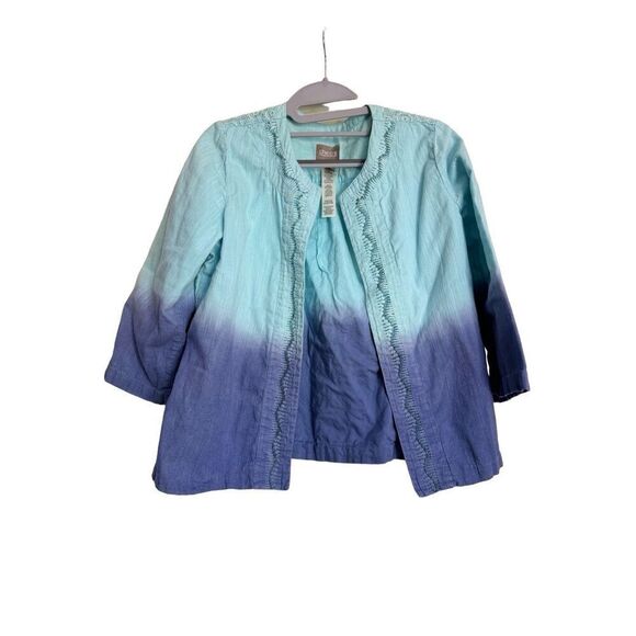 Chicos Jacket Womens SZ 1 M 8 Blue Purple Ombre Embellished Open Front Linen - Picture 1 of 11